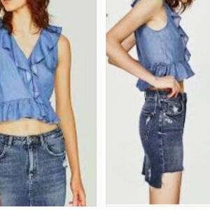 NWT Zara Ruffle Chambray Denim Wrap Front Top